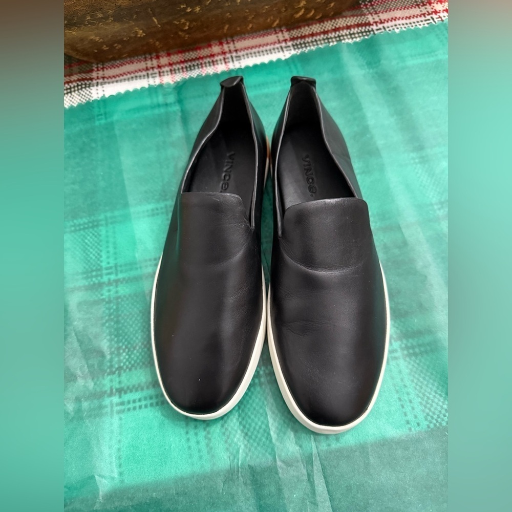 Vince Black Leather Slip-On Shoes - Picture 1 of 9